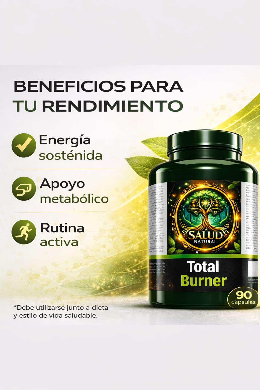 Quemador de Grasa Natural Total Burner Salud Natural, 90 Cápsulas | Control del Apetito y Metabolismo, Energía sin Estimulantes Fuertes, Apoyo Definición y Pérdida de Peso