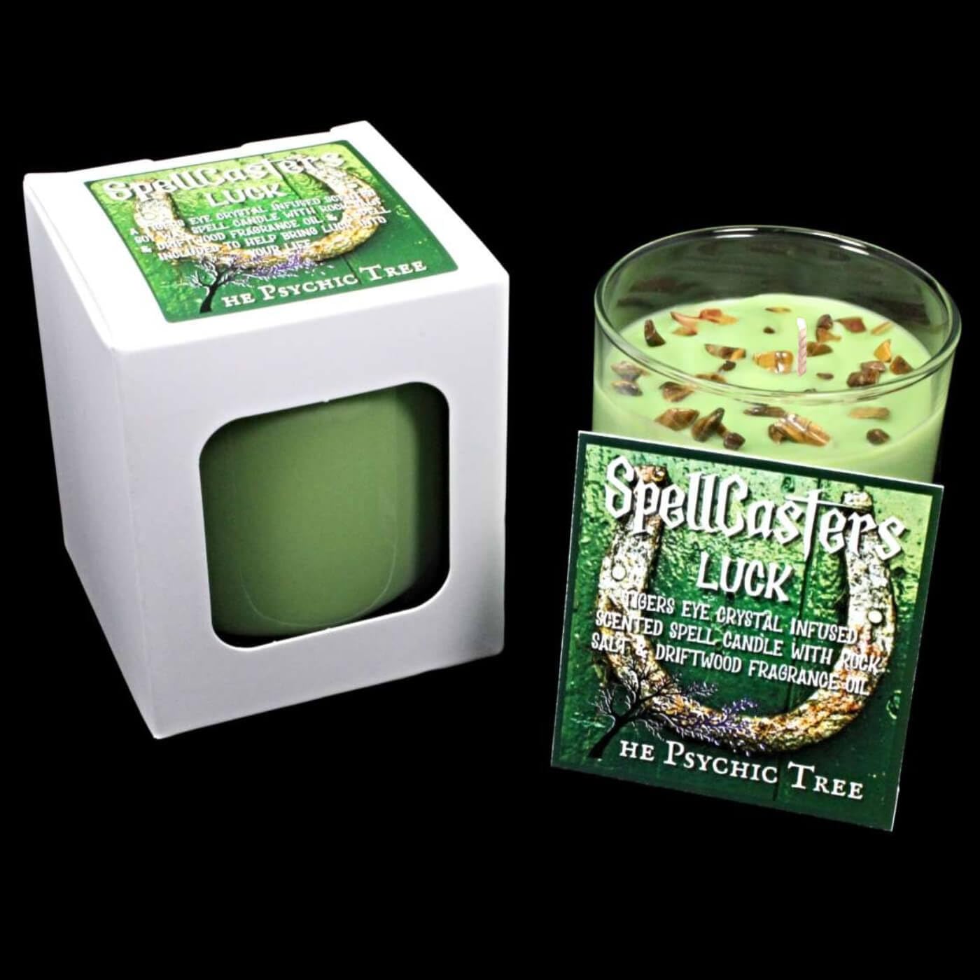 SpellCasters Luck - Crystal Infused Scented Spell Candle Infused with Tigers Eye Healing Crystals, and is Scented with Rock Salt & Driftwood Fragrance Oil + Free Spell