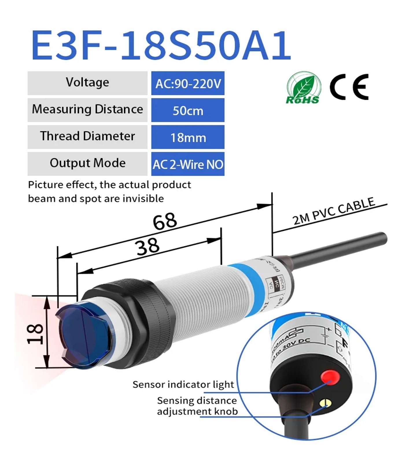 Infrarot-Fotoelektrischer Sensor, diffuse Reflexion, Erfassungsabstand 10–50 cm, E3F-Serie, 10–30 VDC, NPN, PNP-Lichtschranke(50CM AC2-wire NO)