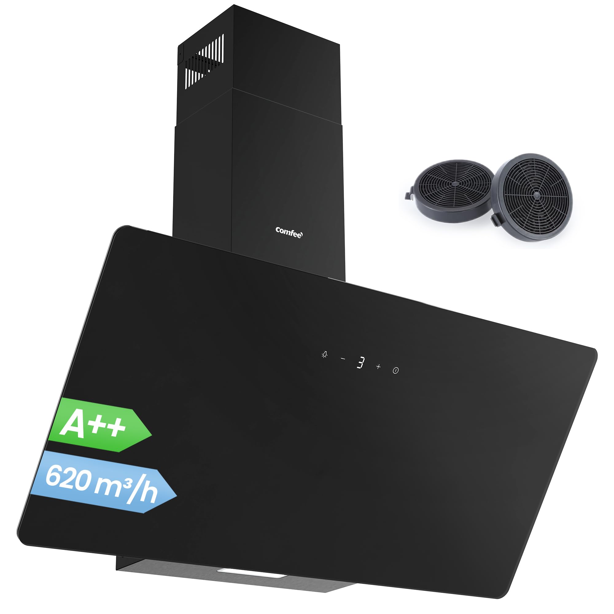 COMFEE' CH90J64ET4A2B2-EU Cappa Aspirante 90cm Aspiratore Cucina 620m³/h Controllo Touch 4 Velocità Installazione Semplice - Nero | 59 dB, Controllo Tocco, 4 Velocità, Ricircolo ed Evacuazione, Filtro Alluminio a 5 Strati, LED, Nero, Vetro Temperato