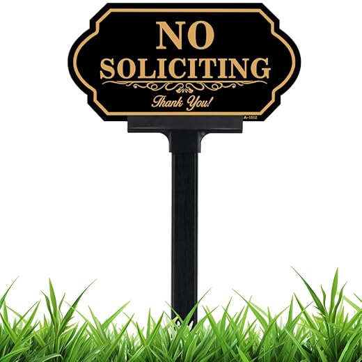 No Soliciting Sign for House with Stake - 50-mil Thick Aluminum - 5x10 Inch/37 Inch High - Adjustable Height - Outdoor Yard Sign for Home and Front Door (A1512)