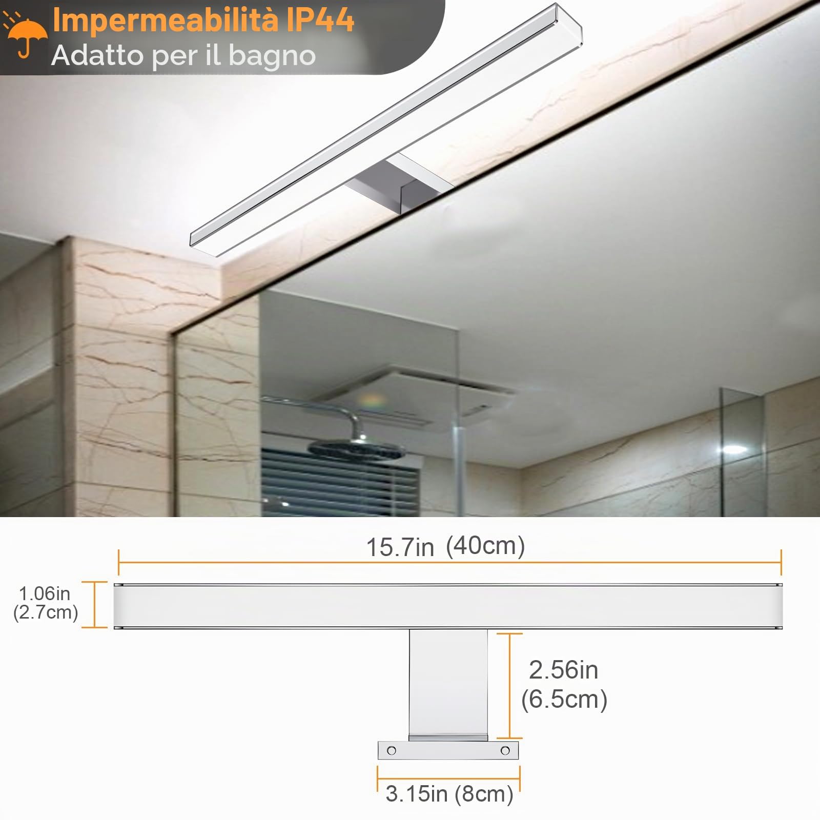 Karrong Lampada da specchio da bagno, 40 cm, con interruttore, telecomando, dimmerabile, 3000 K, bianco caldo, 4000 K, bianco naturale, 6000 K, IP44, impermeabile, per bagno, alluminio, 1200 lm, 12 W,