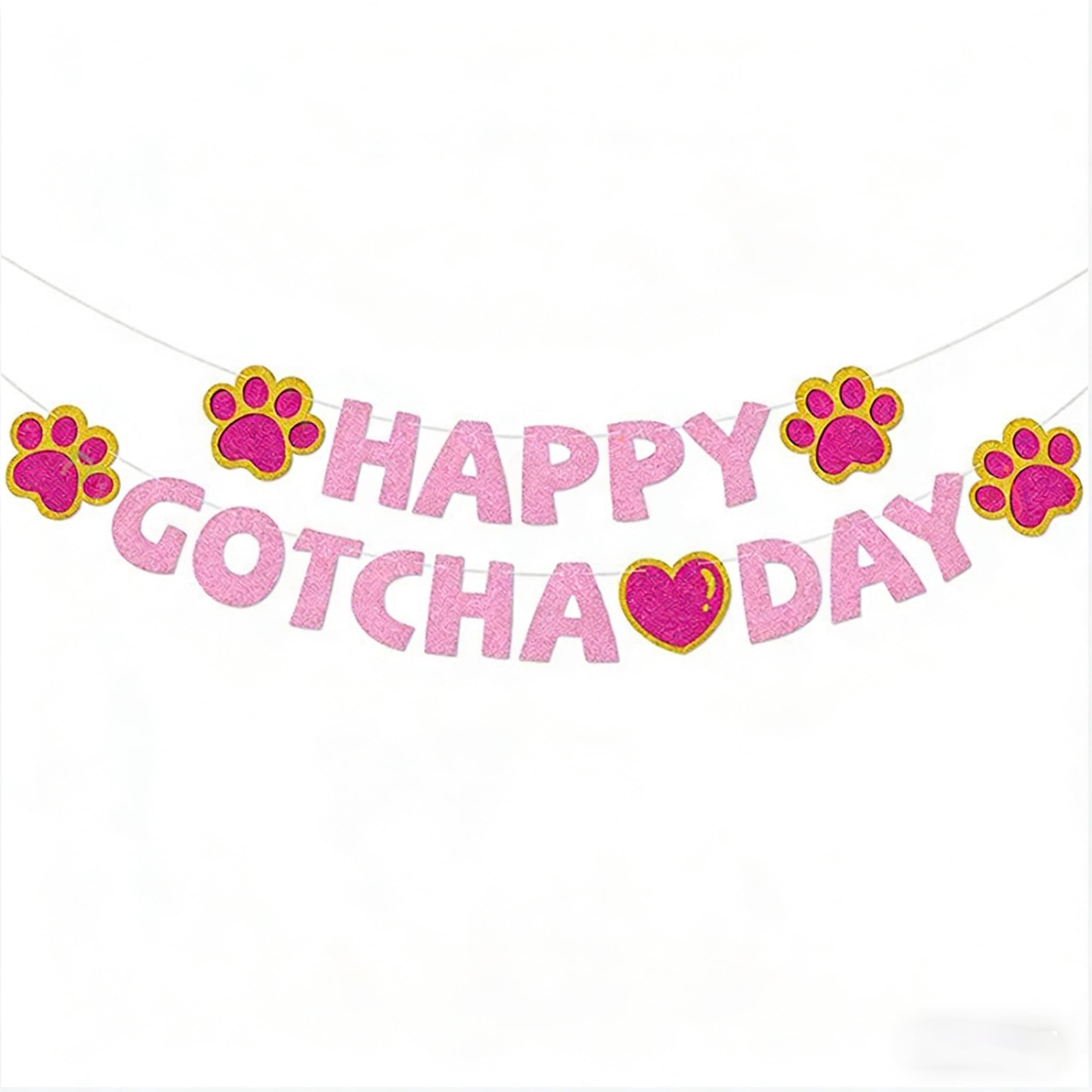 Dog Birthday Banner - Female Dog Theme Happy Gotcha Day Party Decorations with Paw Prints & Hearts, Thick Paper Banner for Pet Party (Pink/Red)