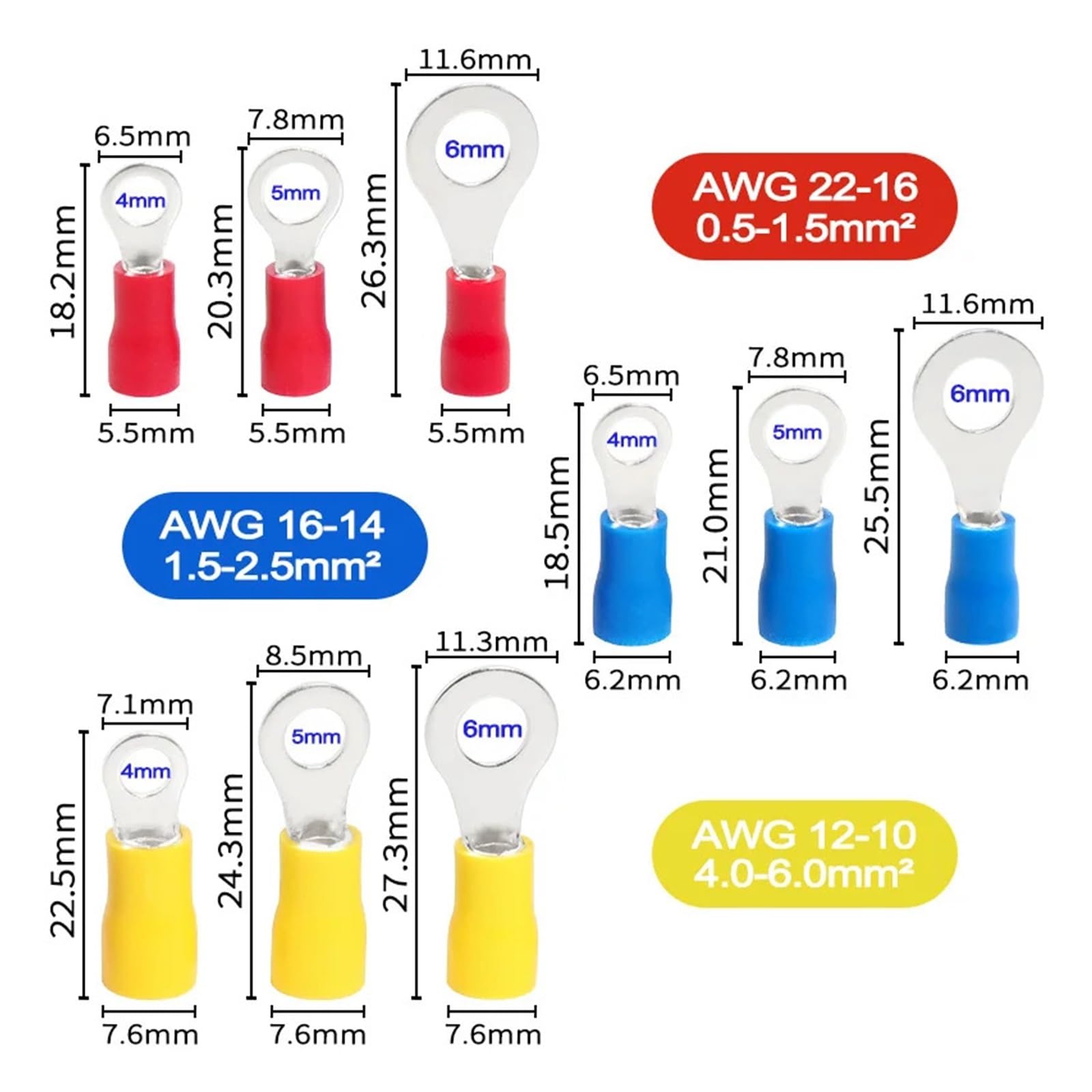Terminales de engarzado de Anillo, Conectores de Cables eléctricos M4/M5/M6, terminales de virola en Caja, Cables de Empalme rápido for Tornillo de conexión, 460 Uds.(HS-40J)