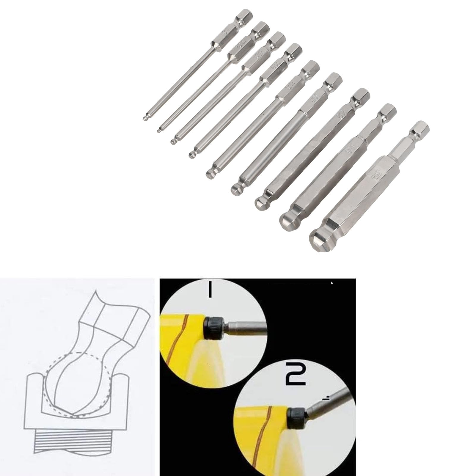Jeu De 12 Tournevis Hexagonaux à Tête Sphérique Magnétique – Embouts Phosphatés Noirs Pour Visseuse - 9