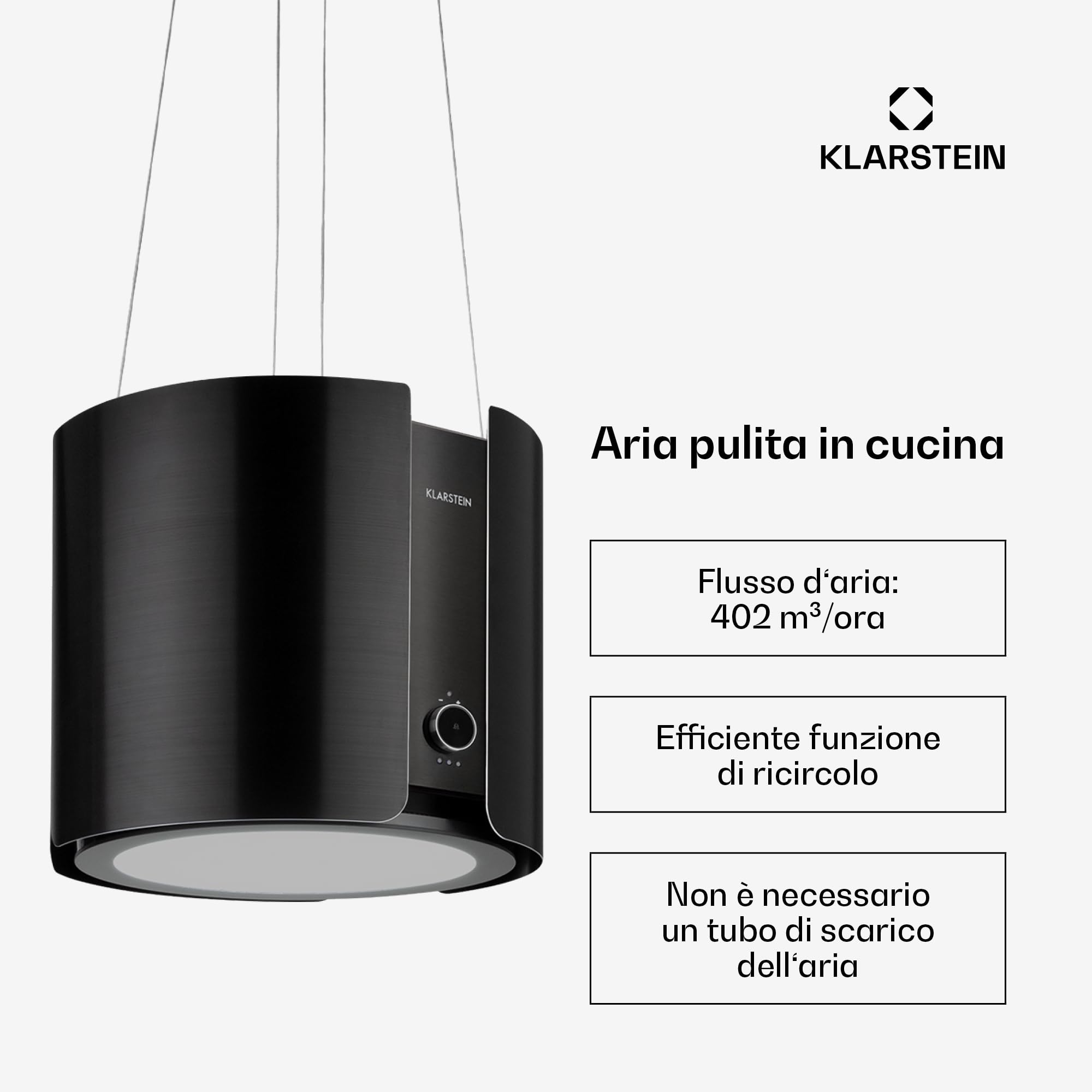 Klarstein Skyfall Smart - Cappa a Isola, Controllo Manuale o per App, 45 x 42 cm (ØxL), Sospesa, Ricircolo/Scarico, 3 Livelli, 402 m³/h, 200 W, Luce LED, Classe Energetica C, Nero