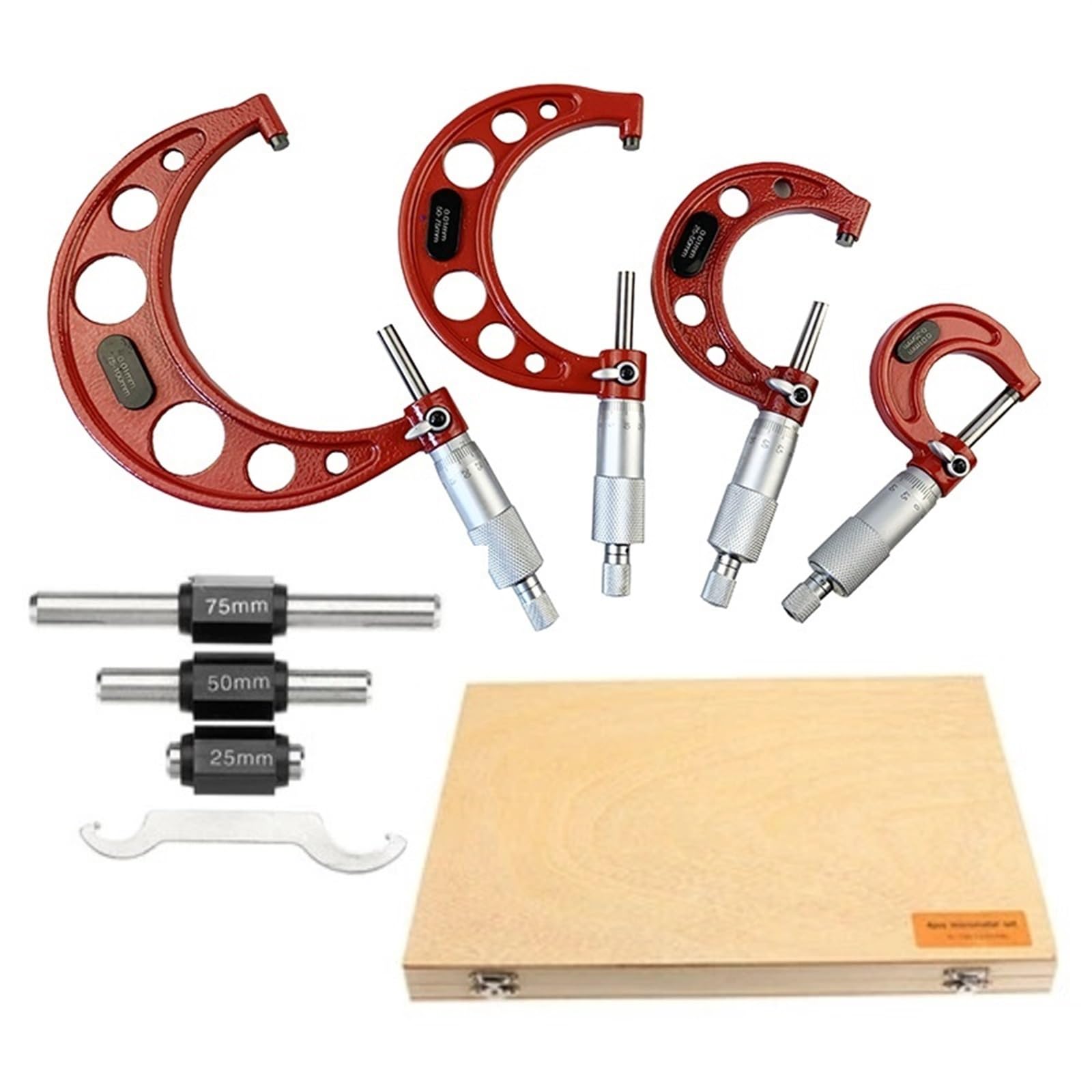 Bügelmessschrauben 0-25 mm-50 mm-75 mm-100 mm Außenmikrometer-Set mit Standards, Ratschenanschlag, 0-100 mm Bereich, 0,01 mm Teilung (4-teiliges Set)