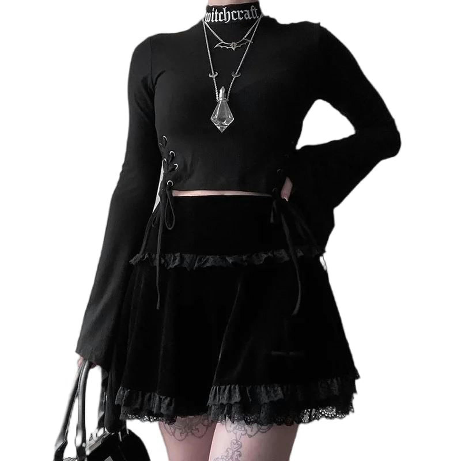 Gonna Plissettata in Pizzo Gotico da Donna, estetica Punk, Vita Alta, Gonna Corta a Trapezio, Stile Anni '90, Harajuku Streetwear-Nero-L