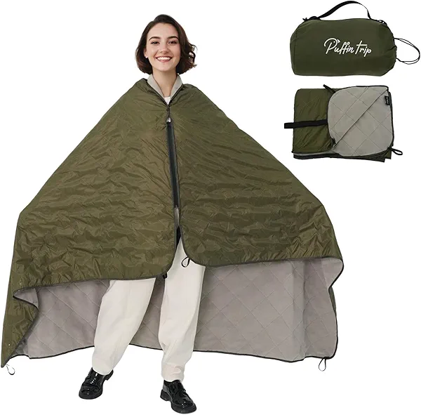 Wearable Warm Camping Blanket Waterproof Windproof Quilted Fleece Stadium Blanket with Portable Bag for Cold Weather Outdoor Camping Picnic Sports Pet Beach Travel Car 79x55 inches Olive Green