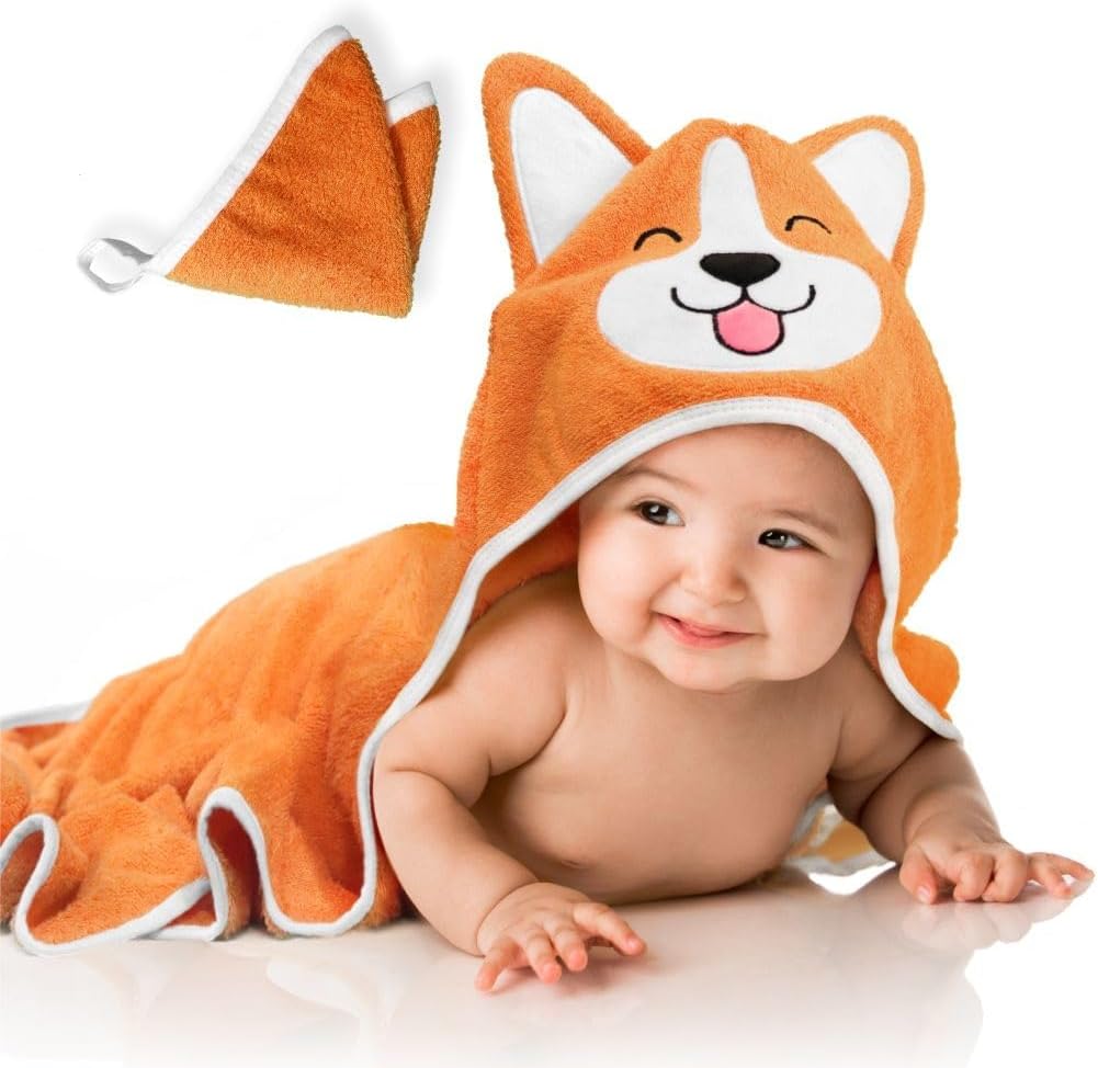 Generic Corgi Dog Baby Bath Hooded Towel - Cozy & Warm - Ultra Soft and Absorbent - Baby Bath - Toddler - Newborn - Pets - Free Washcloth - 35" x 35" (Orange)