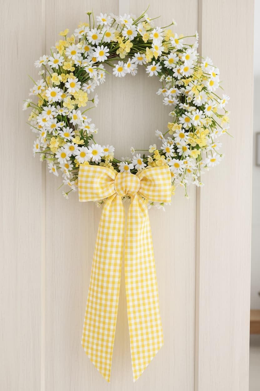 Wreath Sash for Front Door Decorations, Yellow White Checkered Plaid Bow Ribbon for Easter Spring Summer Birthday Sunflower Wedding Farmhouse Home Decor Accessories (5.12" x 54.33")