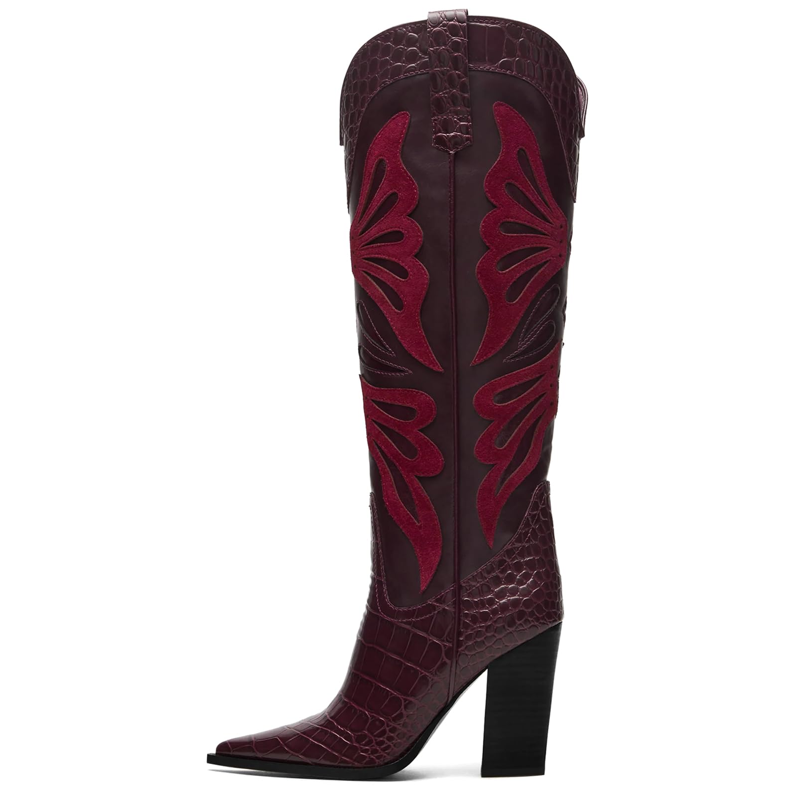 VOMIRA Cowboy Boots for Women Pointed Toe Chunky High Heels Butterfly Cowgirl Boots Wide Calf Knee High Boots