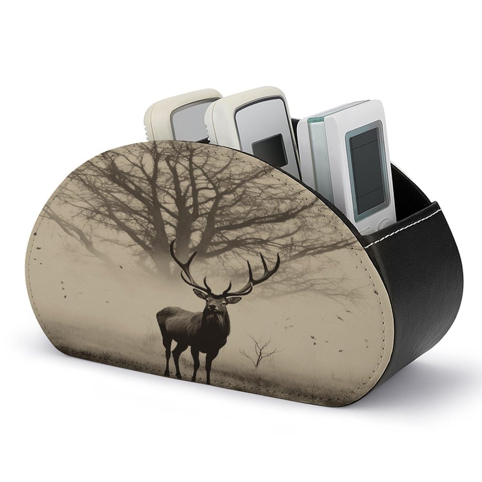 VstaDank Abstract Tree Elk Picture Remote Control Holder Farmhouse TV Media Remote Storage Box with 5 Compartments PU Leather Remote Caddy Desktop Organizer for Home Bedside Table Organizer