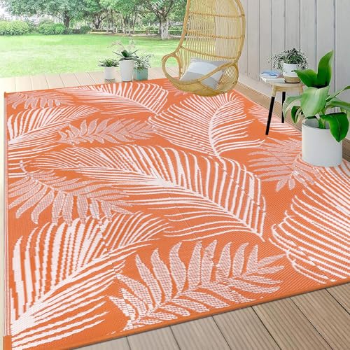 Pauwer Waterproof Outdoor Rug 8x10, Reversible Plastic Straw Patio Camping Rug, Indoor Outdoor RV Mat Carpet for Deck, Camper, Porch, Balcony, Backyard, Picnic, Leaf Orange