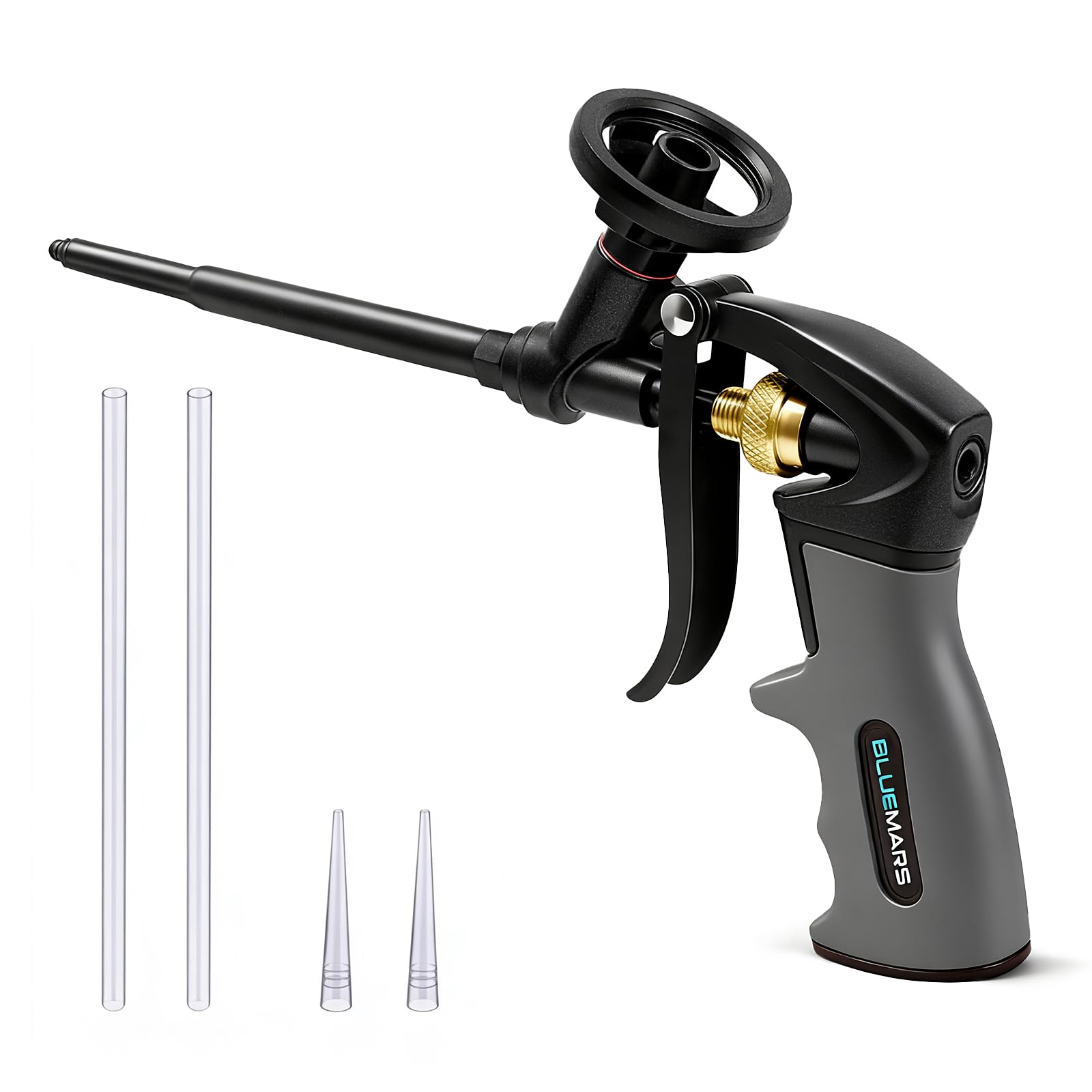 BlueMars Foam Gun with PTFE Coated Body, Non-Stick Foam Dispensing Tool – Includes 2×18.5cm Extension Tubes & 2×1.8" Conical Nozzle Tips, Heavy-Duty Caulking & Insulation Applicator
