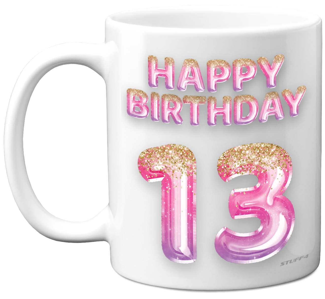 13th Birthday Gift for Girls - Pink Purple Glitter Balloons - Happy Birthday Mug Present for 13 Year Old Daughter Sister Granddaughter Cousin Friend, 11oz Ceramic Dishwasher Safe Coffee Mugs Cup