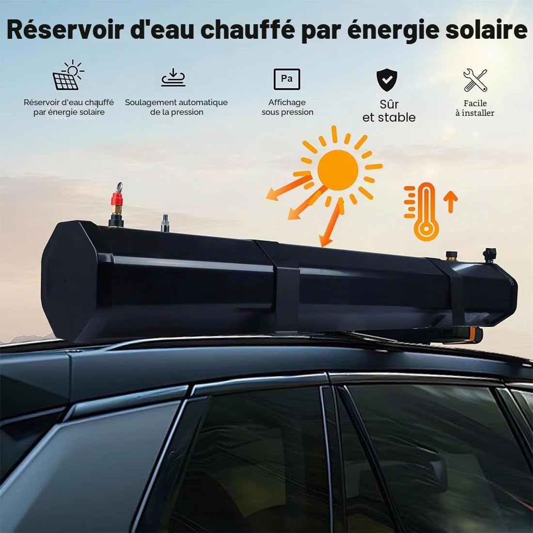 Pressurisé Portable de Douche Camping 18L/30L - Réservoir Montable sur Barres de Toit avec Chauffe-Eau Solaire | pour Lavage Voiture, Trekking et Voyages Aventure,30L