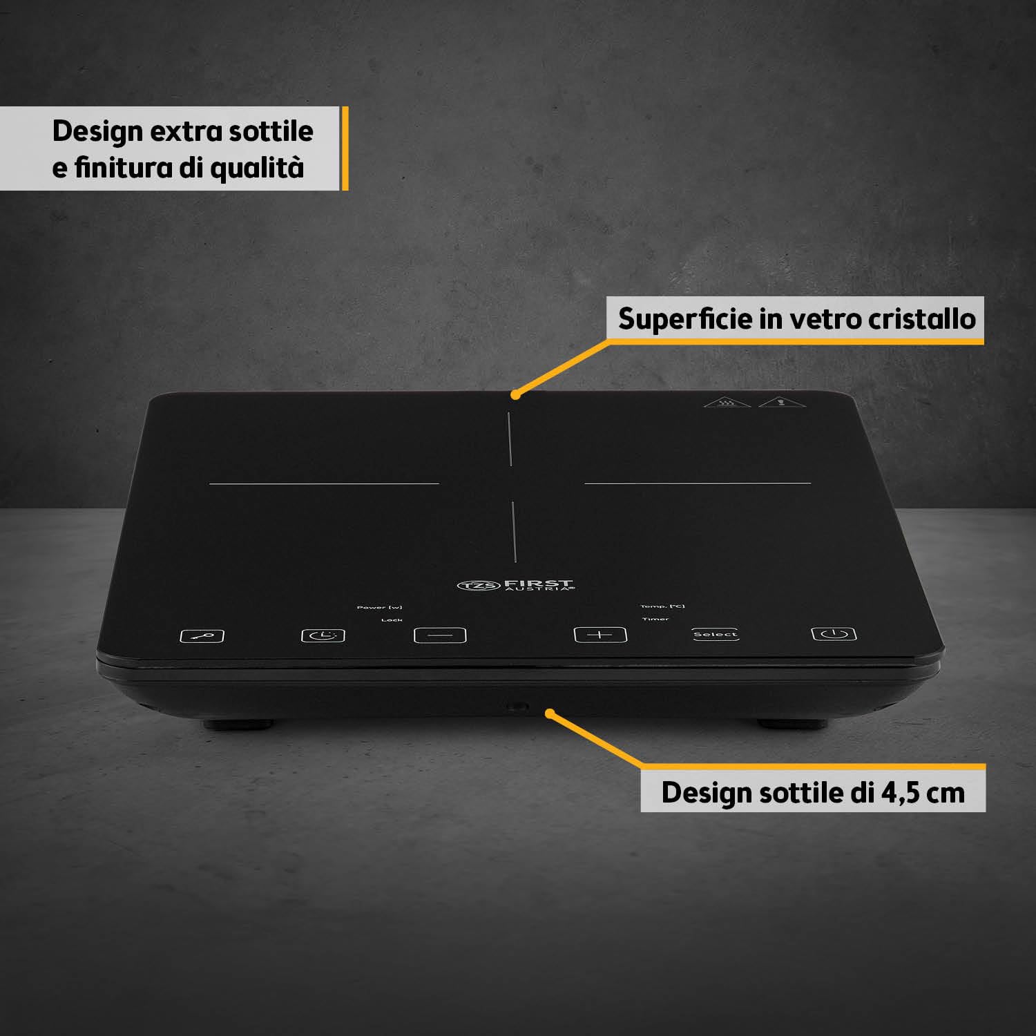 TZS First Austria - Piastra a Induzione 2000W - Design Ultra Sottile & Vetro Cristallo - Piano Cottura Digitale Touch, 10 Livelli & Timer - Ø 260 mm - Ideale per Camping & Ufficio