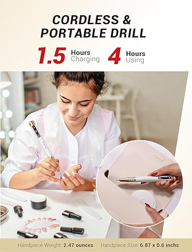 Miniatura 4 de MelodySusie SM220E - Taladro de uñas inalámbrico, lima de uñas eléctrica recargable profesional de 30000 RPM para uñas acrílicas y de gel, máquina