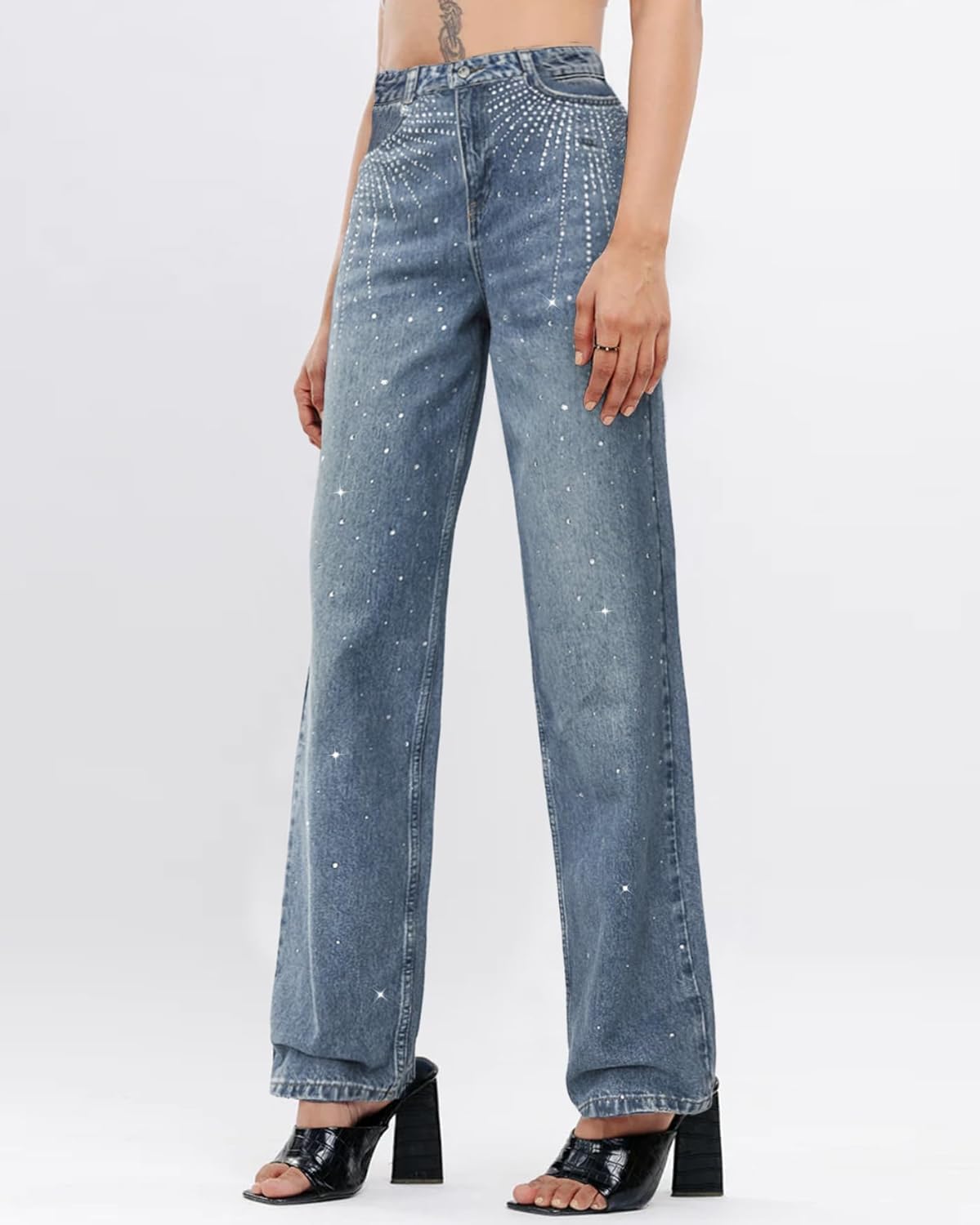 Womens Rhinestone Jeans High Waist Sright Leg Y2K Denim Pants Vintage Wash Trousers Streetwear - Image 6