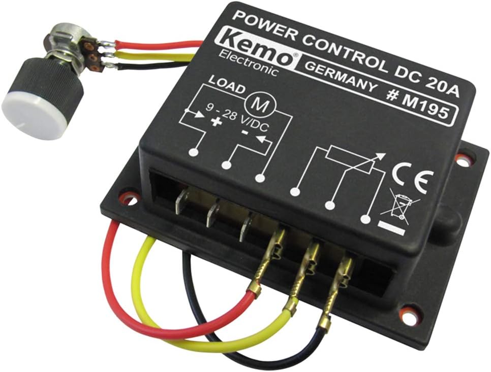 Kemo M195 PWM power regulator 9-28 V/DC, max. 20 A. Regulates DC voltage loads e.g. DC motors, incandescent lamps, heaters, LEDs with resistors
