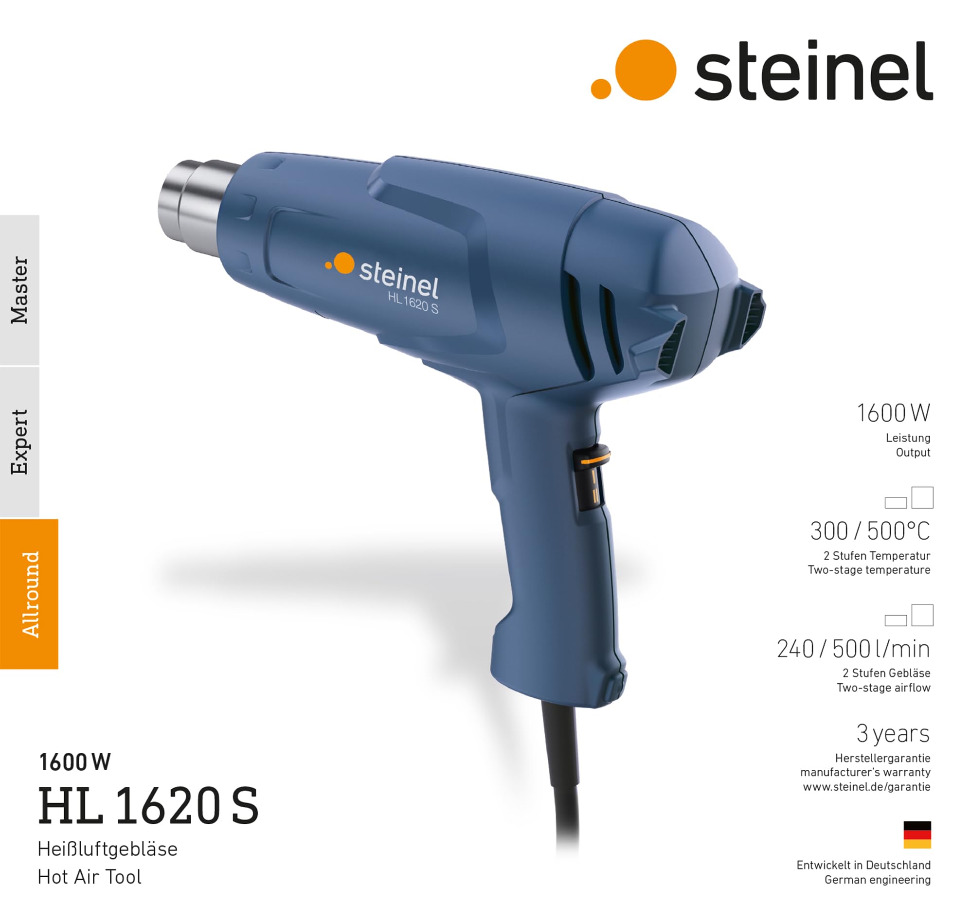 Steinel HL 1620 E - Pistola de aire caliente, Potencia de 1600 W, Temperatura de 300 °C o 500 °C, Caudal de 2 niveles 240/450 l/min, Pistola de calor con un peso de solo 670 g, 351106