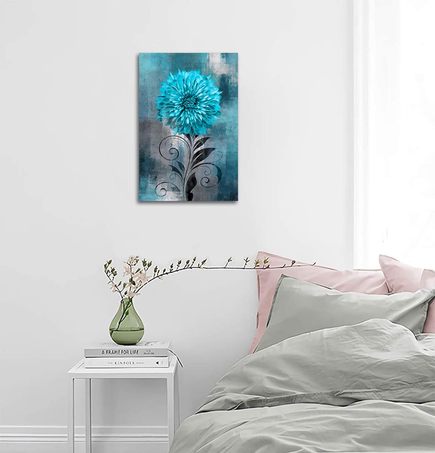 Abstract Flower Wall Art Teal Flowers Canvas Pictures Rustic Blossom Canvas Painting for Living Room Bedroom Wall Decor Modern Teal Grey Canvas Prints Contemporary Botanical Wall Art 16" x 24"