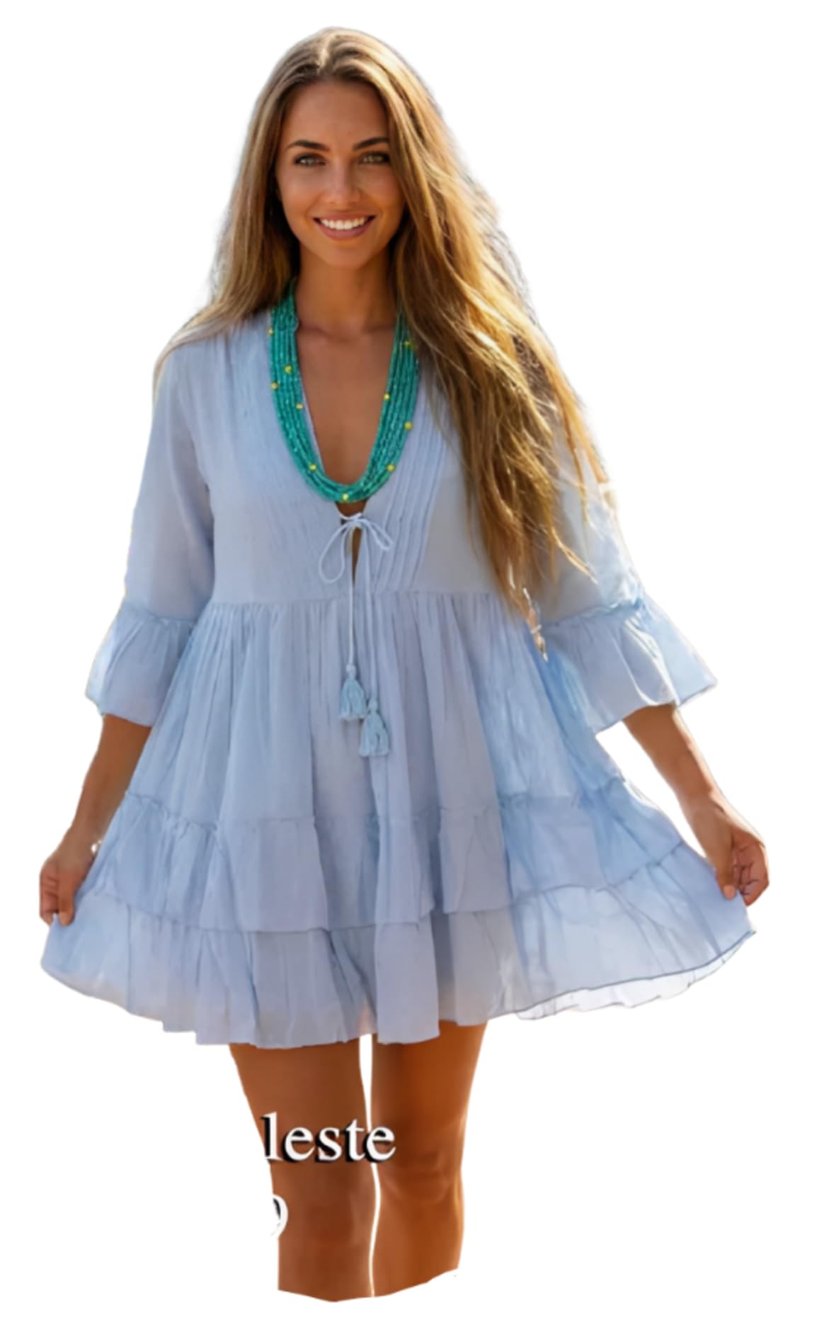 Antica Sartoria - Vestido Corto Mujer Muselina de Algodón Estilo Ibiza Bohemio con Mangas 3/4, Diseño y Abertura Delantera Mediterráneo Elegante y Femenino