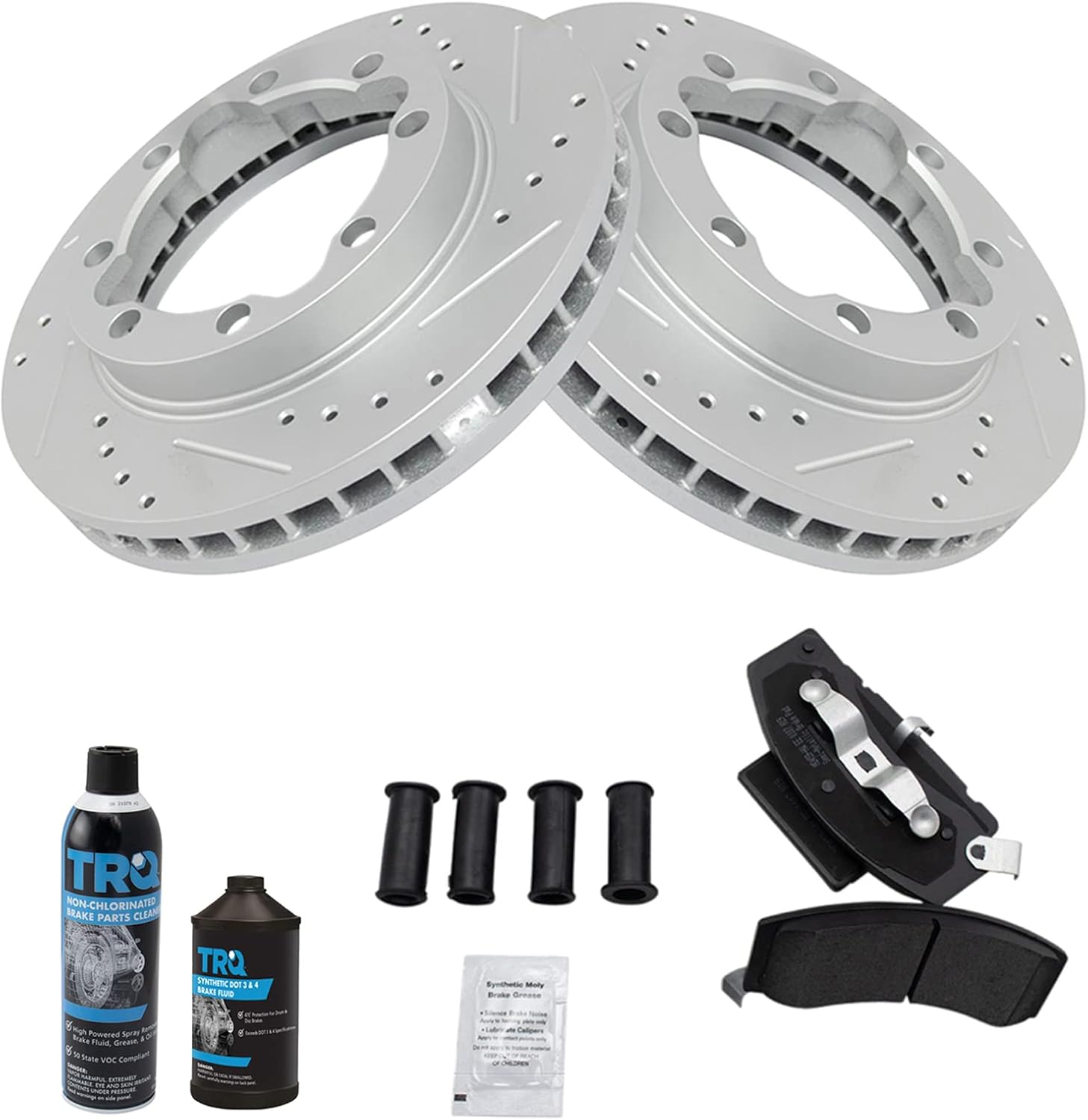 TRQ Front Brake Pad & Rotor Kit Semi-Metallic Performance Premium G-Coated Slotted X Drilled Compatible with 1990-2000 Chevrolet K3500 1994-1999 Dodge Ram 2500 Ram 3500 GMC