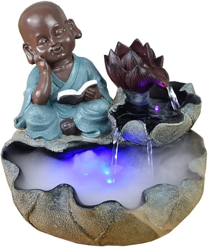Indoor Fountain Desktop Fountain Little Monk Zen Atomization Fountains Office Desk Lucky Flowing Water Fountain Indoor Resin Tabletop Fountains Meditation Fountain
