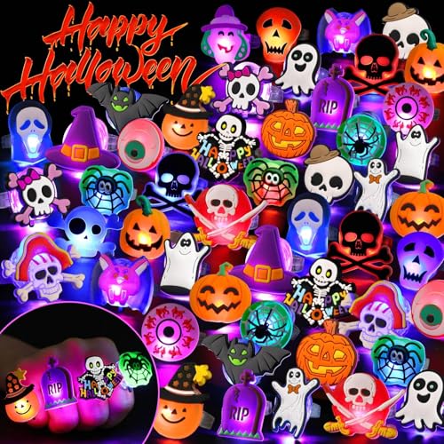 Coluans Halloween Party Favors for Kids Adults 50Pcs Gifts Halloween Treats LED Light Up Rings Flash Rings Glow In The Dark Party Supplies Goodie Non Candy Bag Filler Prizes Decorations NEW VERSION