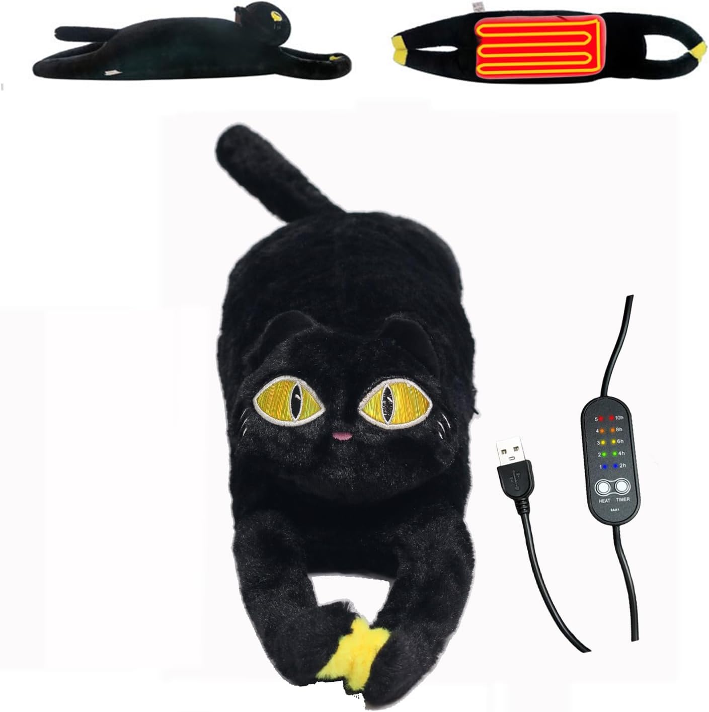 USB Electric Heating Pad for Period Cramps Menstrual Pain Relief Portable Cute Black Cat Plush Stuffed Animals Heating Pillow 5 Heat Levels for Halloween Women Teen Girls Kids Cat Lovers Christmas