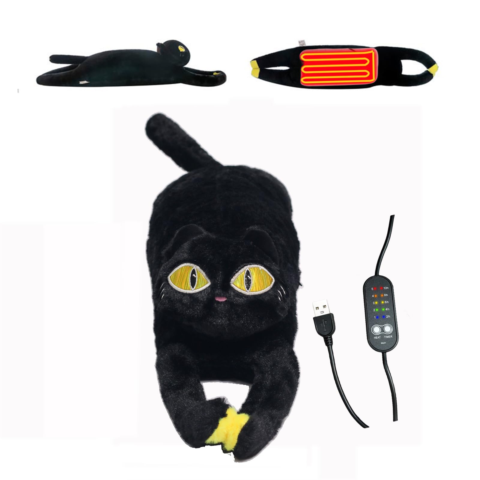Generic USB Electric Heating Pad for Period Cramps & Back Pain Relief Portable Cute Black Cat Plush Throw Pillow Heat Pad Stuffed Animal with 5 Heat Settings for Neck & Shoulders 70cm/27.5inch