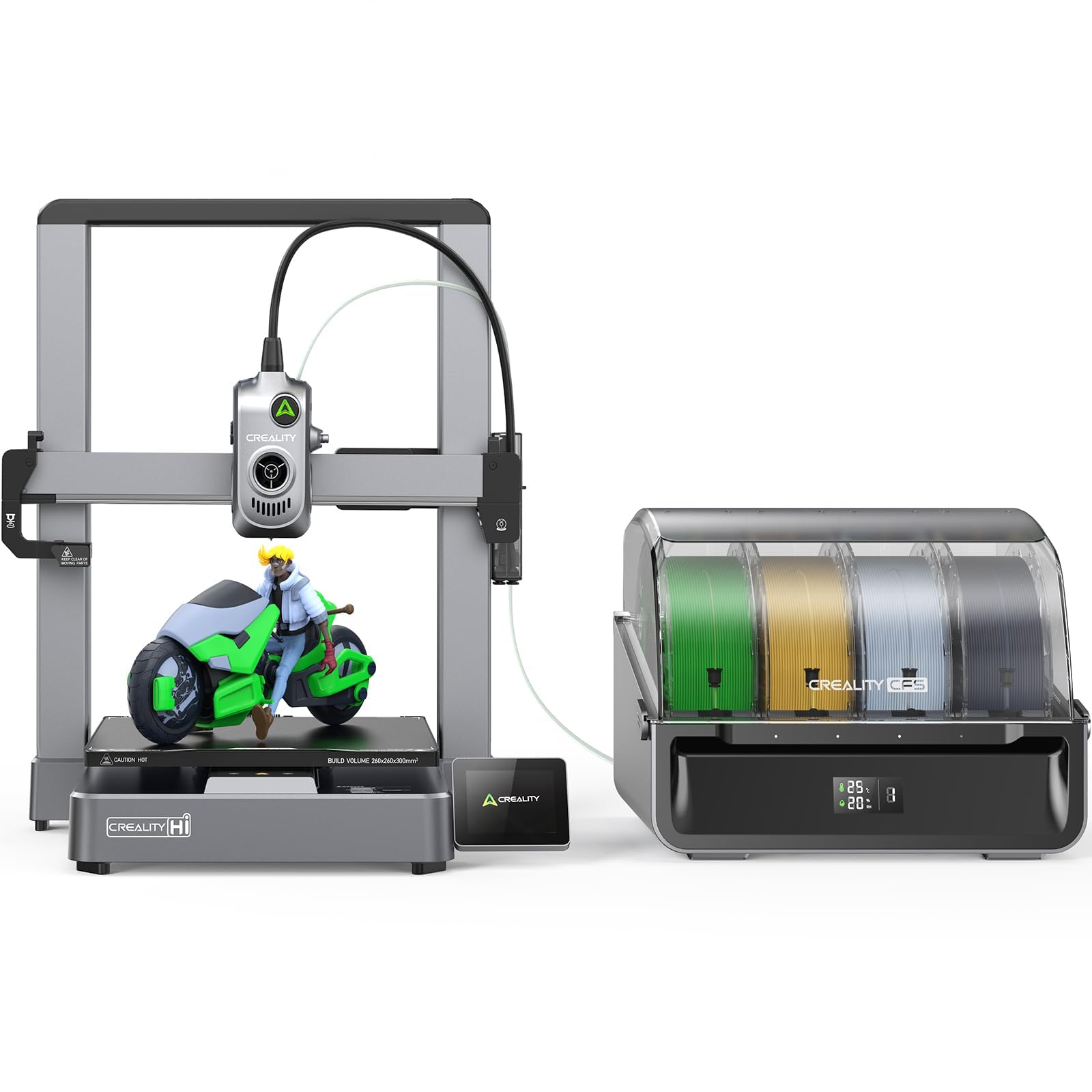Creality Hi Combo (A) Imprimante 3D, CFS Multicolore Impression, Mise à Niveau Automatique, Haute Vitesse 500mm/s, Lecture Automatique du Filament, 95% Pré-Assemblée, Construction 260x260x300mm