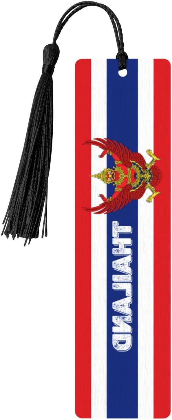 National Flag Thailand Thai 5-Pack Double Sided Wooden Bookmarks with Tassel, Wood Page Markers Tag Book Accessories for Office Black