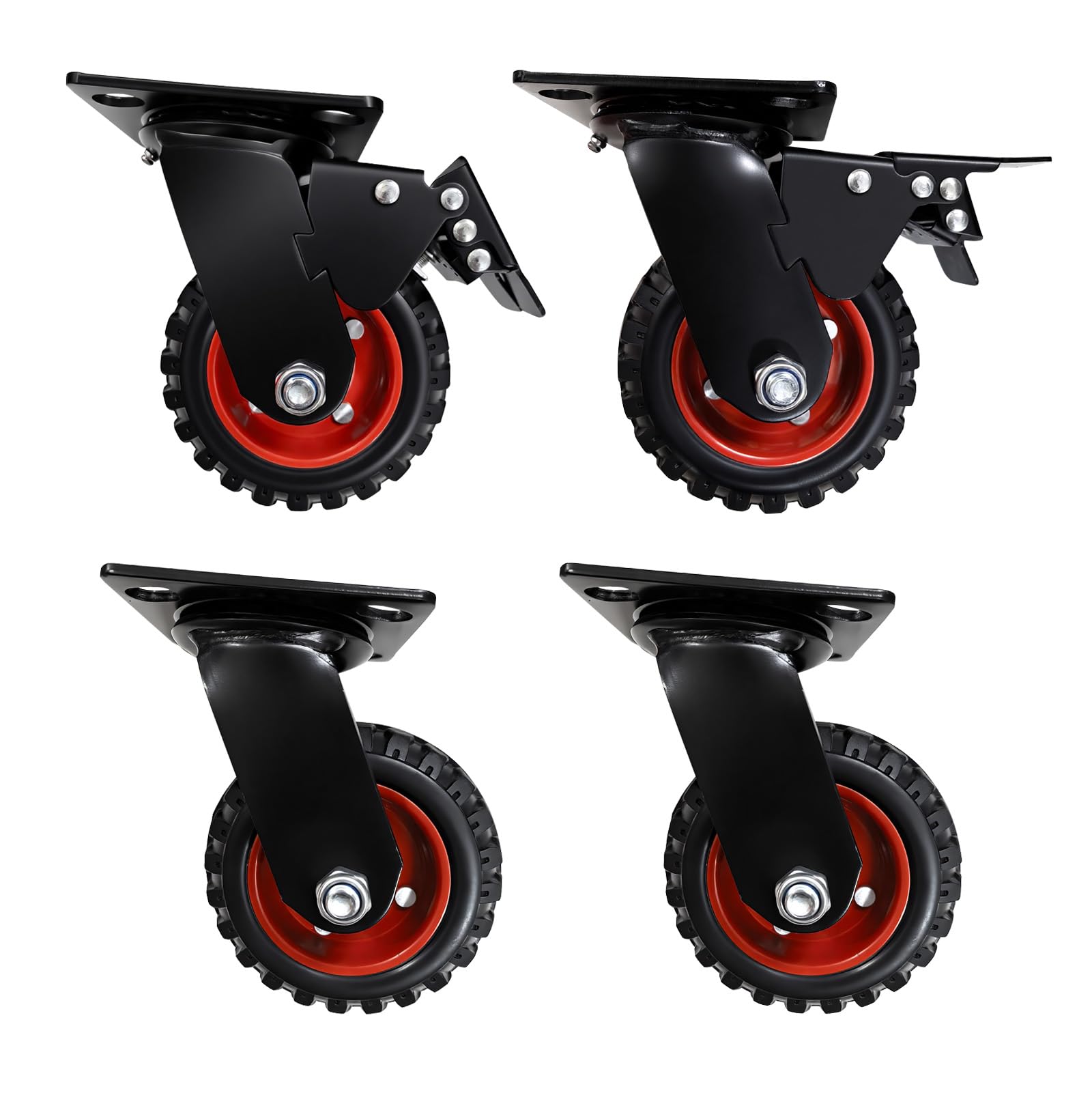 Nfbcxutkw 5" Heavy Duty Caster Wheels Set Of 4 (2 Swivel + 2 Brake Swivel), Total 1800 Lbs (800 Kg), Knobby Rubber Tread Replacement Casters For Workbench Cart Toolbox Chicken Coop