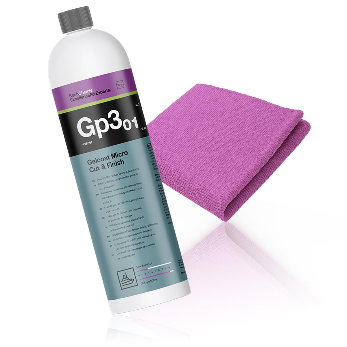 wortek Gelcoat Politur Set Koch Chemie Gelcoat Micro Cut & Finish 1L GP3.01 inkl Microfaser Micro Cut Poliertuch Boot Polier Set Boot Polierpaste