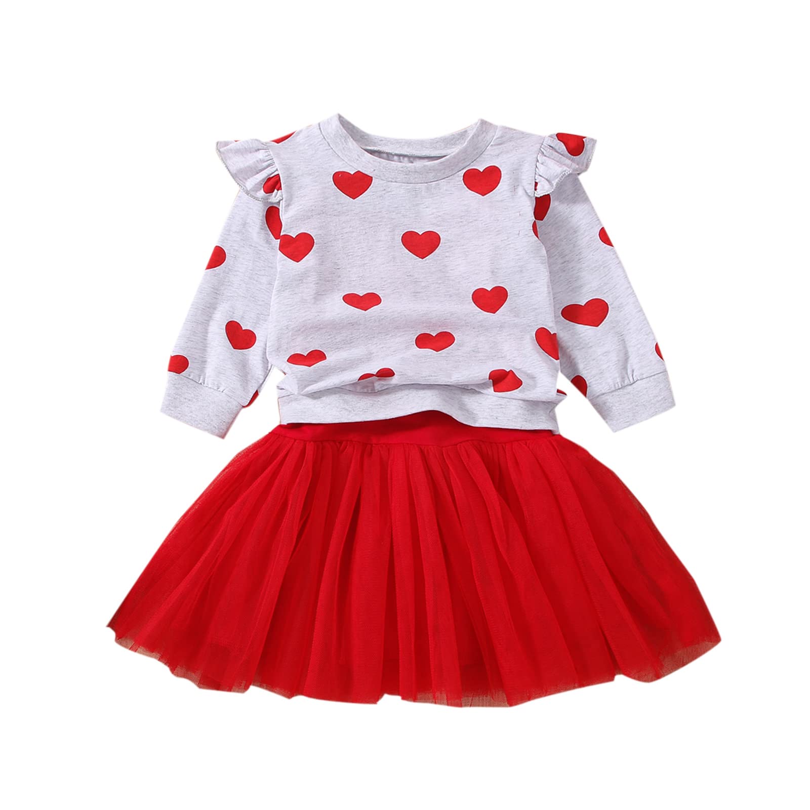 Valentines Day Outfit Toddler Kids Baby Girl Heart Sweatshirt Ruffle Long Sleeve T-Shirt + Sleeveless Tulle Dress (Red, 6-12 Months)