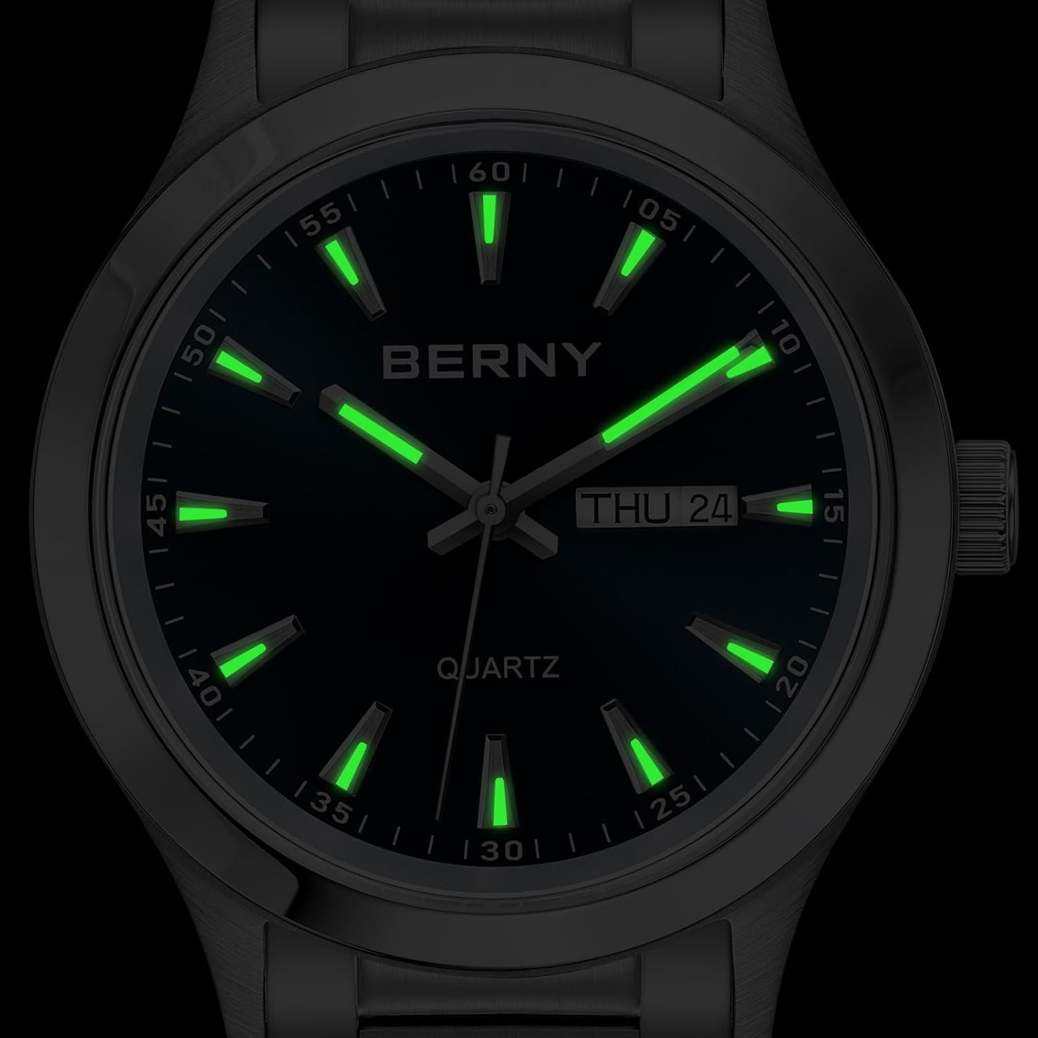BERNY 2676MS watch dial glowing in the dark, showing luminous hands and hour markers