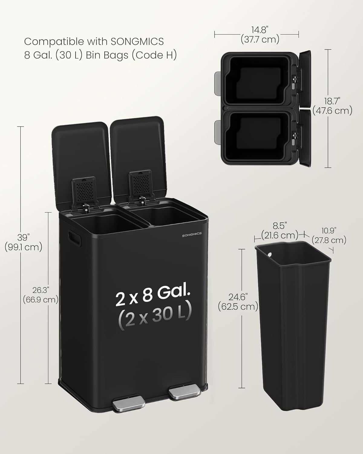 SONGMICS Trash Can, 2 x 8 Gallon (2 x 30 L) Dual-Compartment Garbage Can with Soft-Close Lid, Pedal and Inner Buckets, Stainless Steel, Includes 15 Liner Bags, Ink Black ULTB741B01 - Image 6