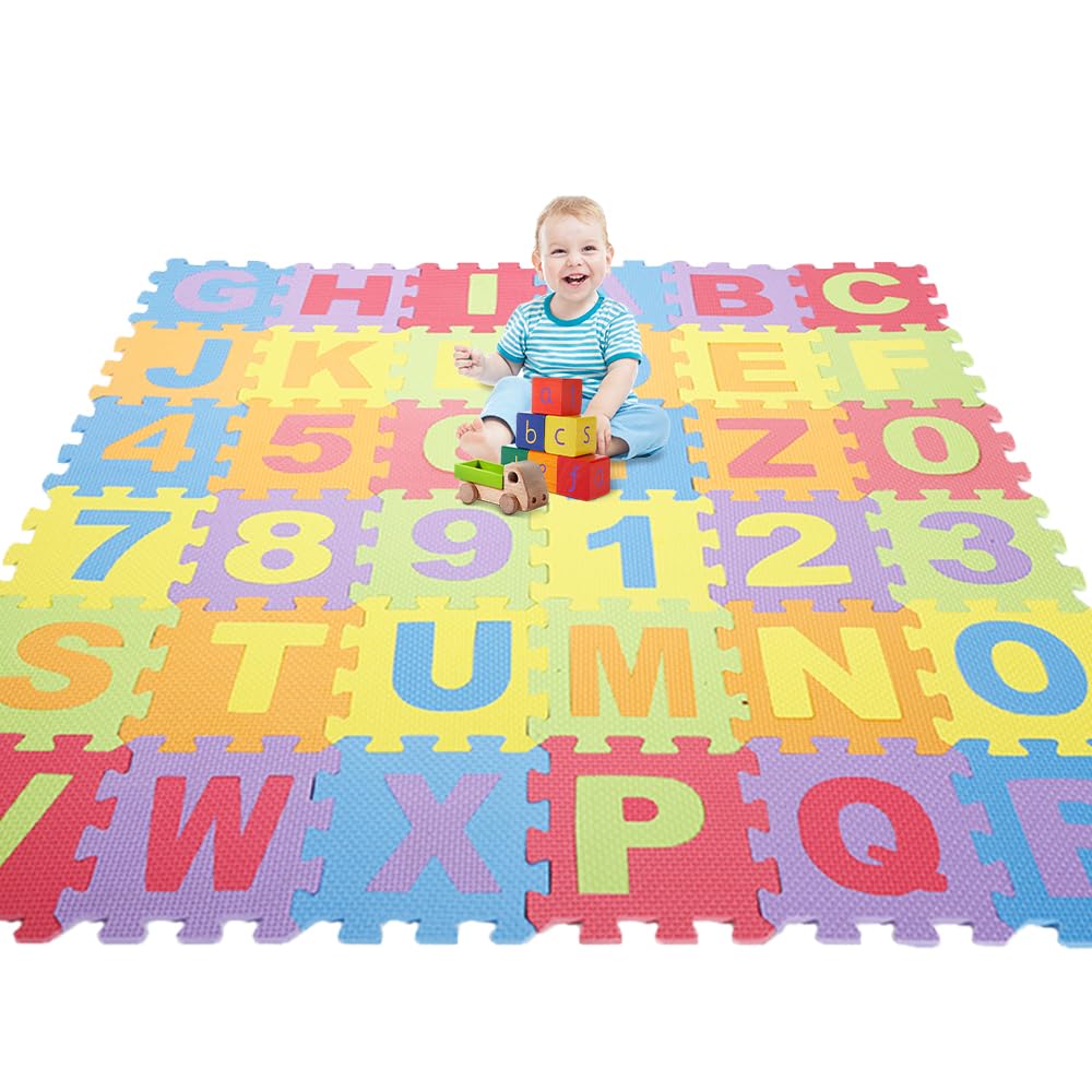 36 Pezzi Puzzle,Certificato CE,MulticoloreTappeto Gioco per Neonato in EVA Antiscivolo Non Tossico Puzzle con Lettere e Numeri