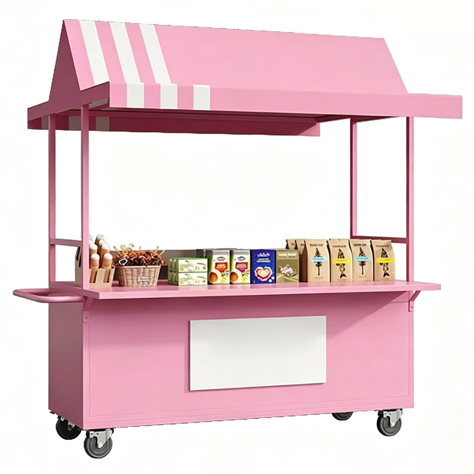 Food Vendor Cart, Market Stand with Canopy, Iron, Handrail, Lockable Wheels, for Market, Street Food & Pop-Up Events(Pink,120cm/47in)