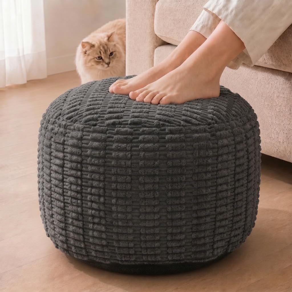 Round Pouf Ottoman, Charcoal Gray, 24"x14", Shredded Foam Fill