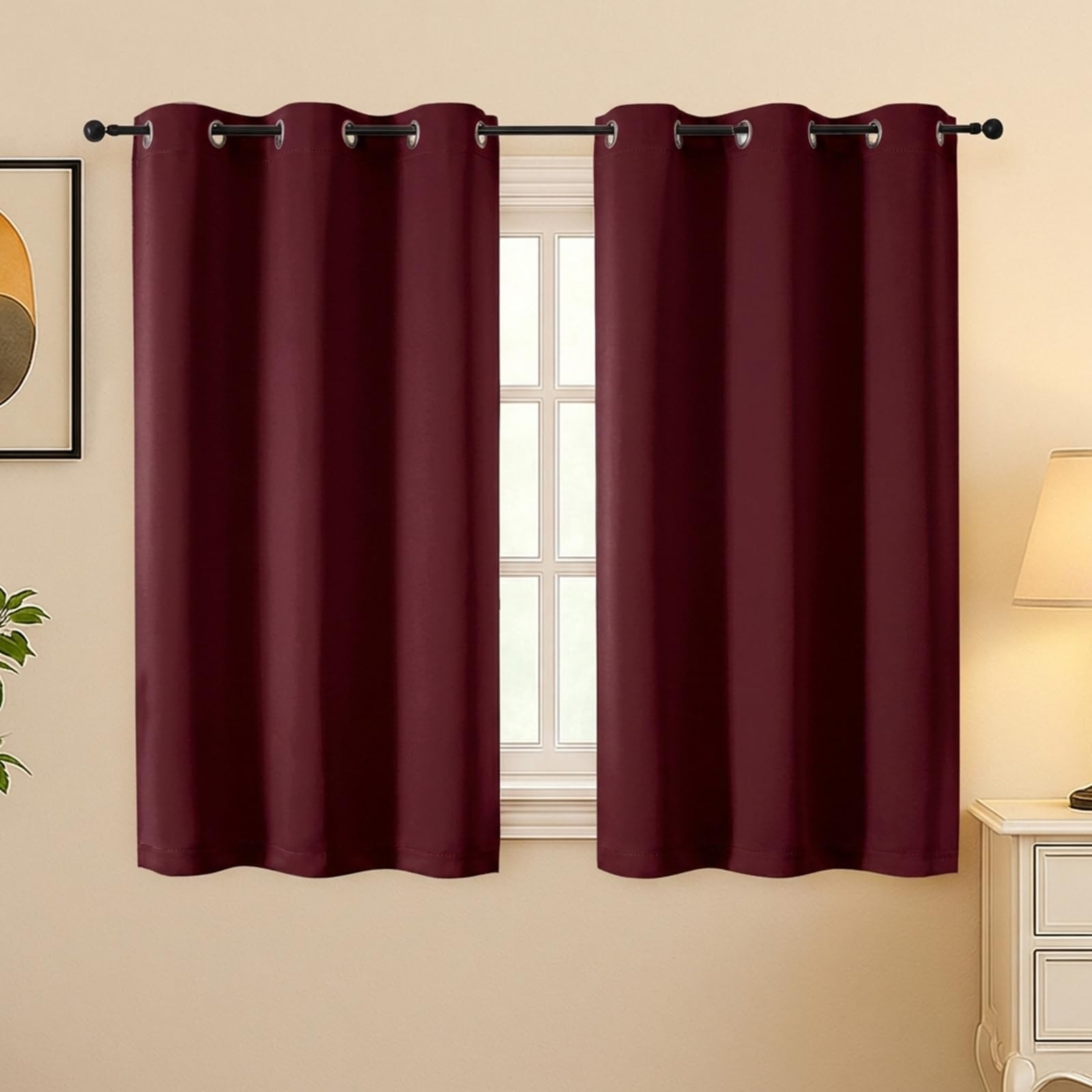 Simplebrand Burgundy Room Darkening Curtains for Bedroom 45 Inches Long 2 Panels Set, Sunlight Blocking Curtains for Small Windows, Grommet Energy Saving Thermal Insulated Short Drapes, 40Wx45L