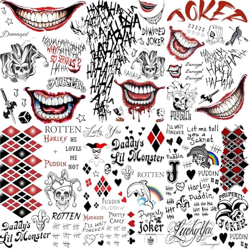 6 Sheets Halloween HQ and Joker Tattoos Hands, Damaged Joker