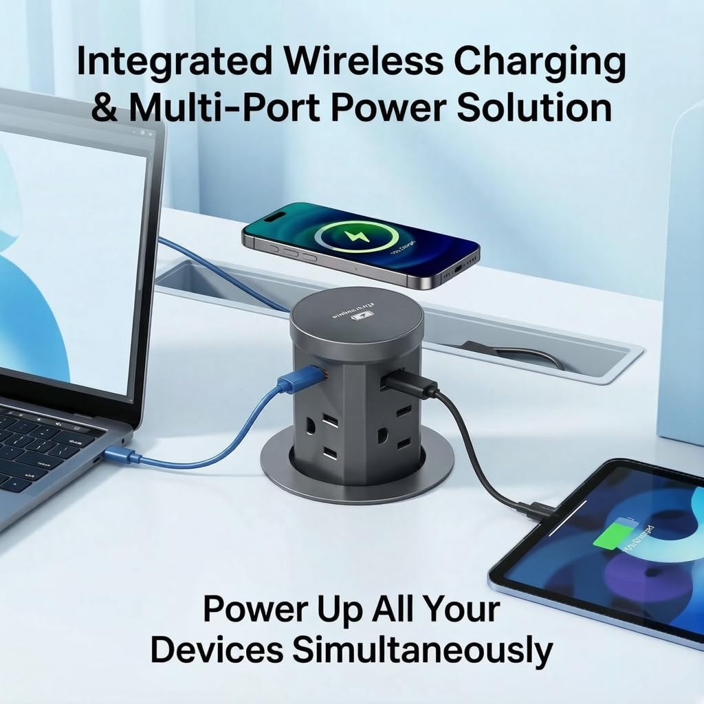 2.36" Pop Up Countertop Outlet, Pop Up Outlet with 15W Wireless Charger, Fits Standard Desktop Grommet Holes, No Extra Drilling, 4 AC Outlets, 2 USB-A & 2 USB-C PD 20W Fast Charging, Qi Compatible