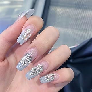 24 PCS Press on Nails Rhinestone Fake Nails Medium Fake Nails Glitter Fake Nails Wearable Fake Nails Blue Fake Nails Glossy Fake Nails DIY Fake Nails Acrylic Full Coverage Fake Nails Gifts for Women and Girls