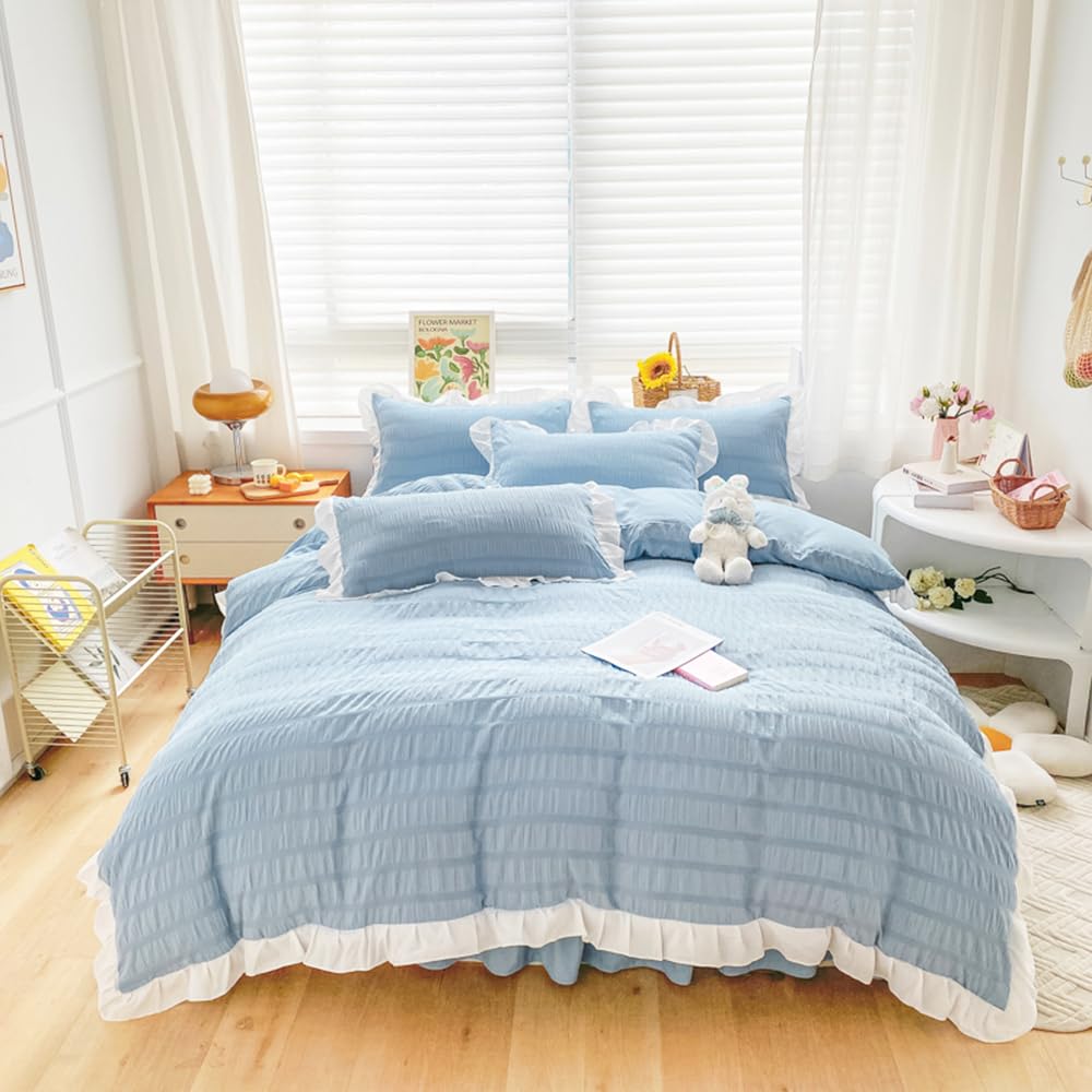 ZIQINPSQ Seersucker Duvet Cover Set Ruffle Duvet Cover Bedding Set,Romantic French Princess Style Ruffled Duvet Cover with Zipper Closure (Blue, Super King) โ image 1