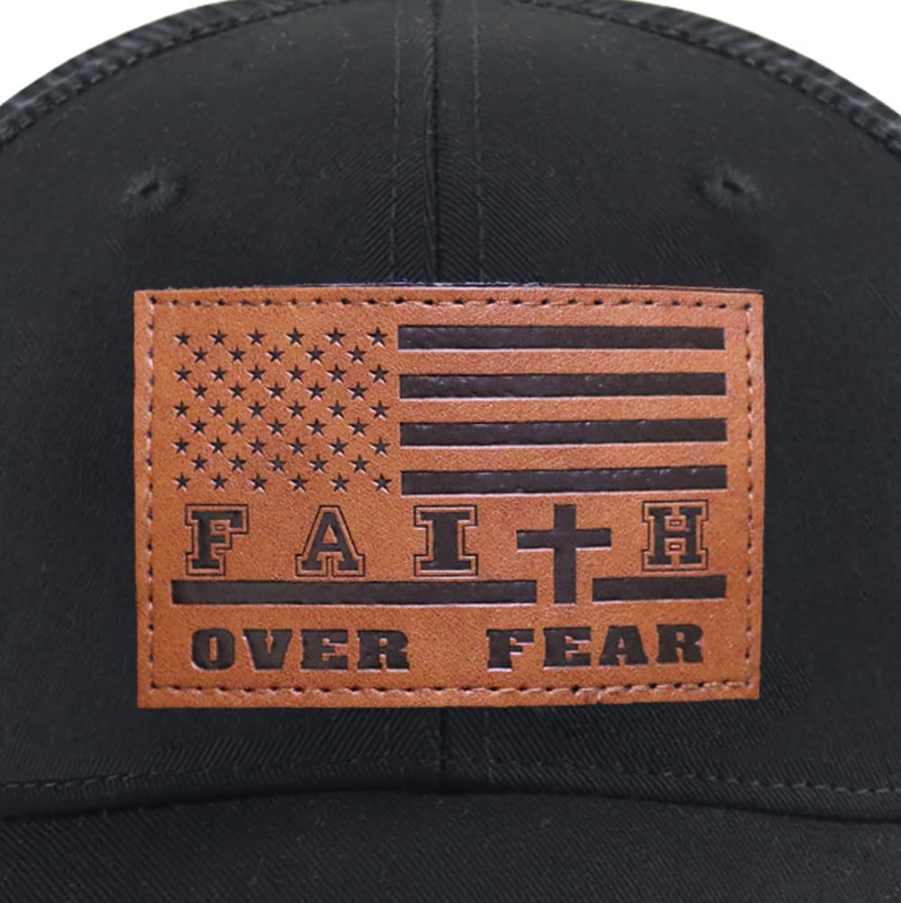 Leather American Flag Faith Over Fear Trucker Hats for Men Women, Adjustable Mesh Snapback Baseball Cap - Image 2