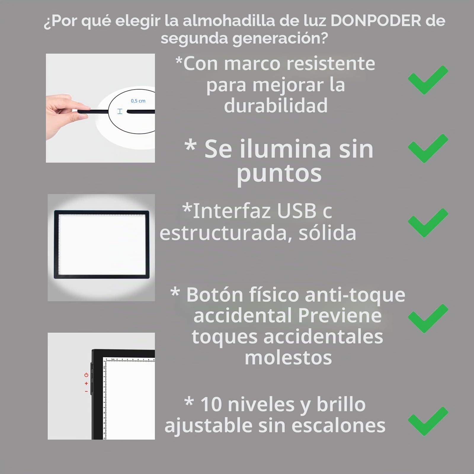 A3 Mesa de Luz con Soporte - Caja de Luz LED para Pintura de Diamantes, 10 Niveles de Brillo, Mesa de Dibujo, Proyector de Dibujos - Ligera y Duradera (42 x 32 cm)
